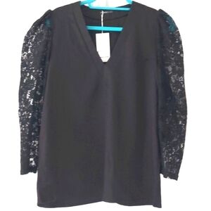 Miholl Black Semi-Sheer Lace 3/4 Sleeve Top Sz L